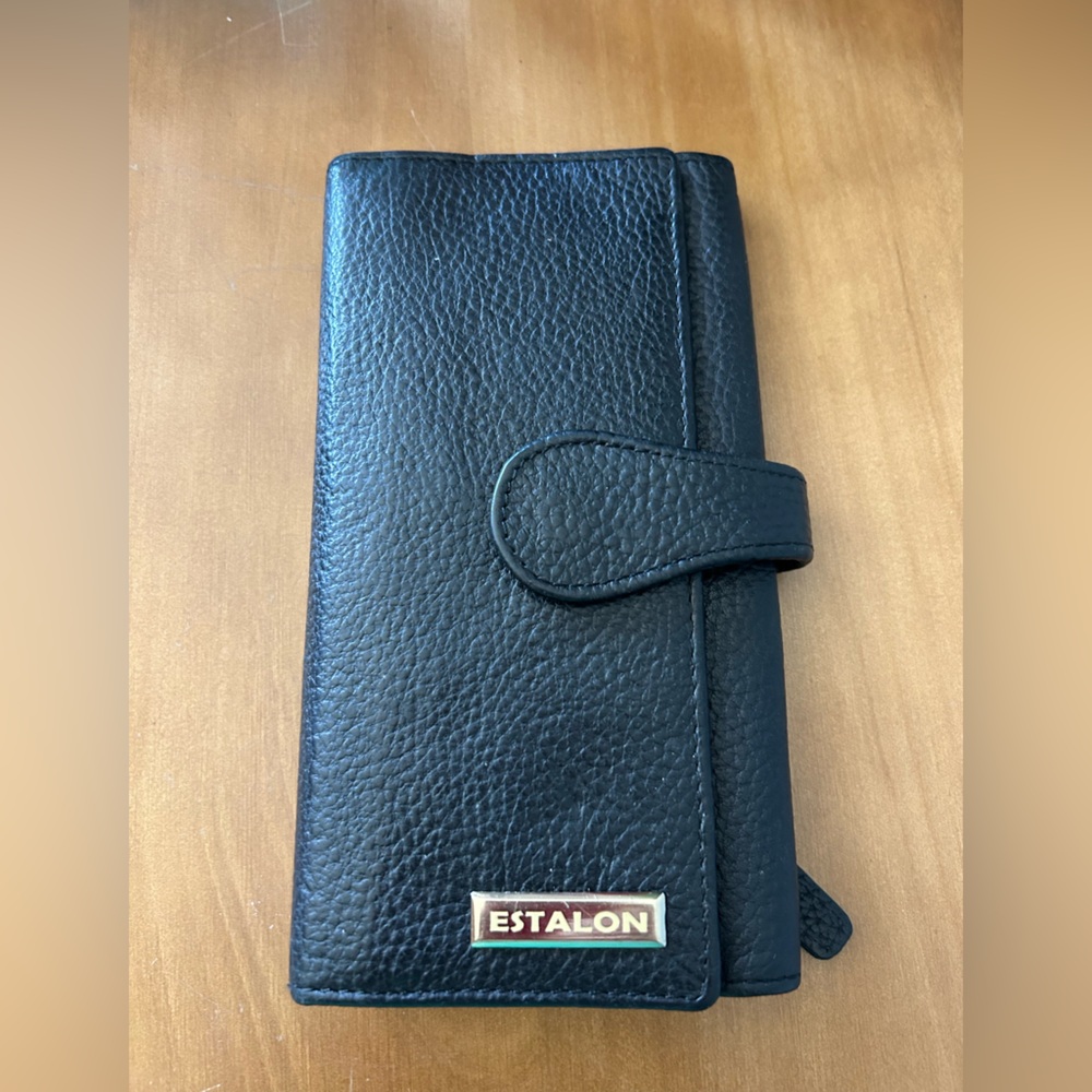 Estalon Leather Wallet Black Pebbled Snap Coin Pocket Credit Card Slip Cash Slip